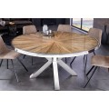 Luxusný chromový industriálny okrúhly jedálenský stôl Barracuda z teakového hnedého dreva s chromovanými nožičkami