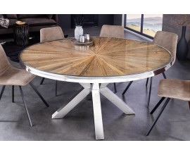 Luxusný chrómový okrúhly jedálenský stôl Barracuda z teakového hnedého dreva s chromovanými nožičkami v industriálnom štýle