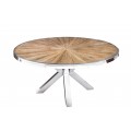 Luxusný industriálny okrúhly jedálenský stôl Barracuda z teakového hnedého dreva s chromovanými nožičkami 140 cm