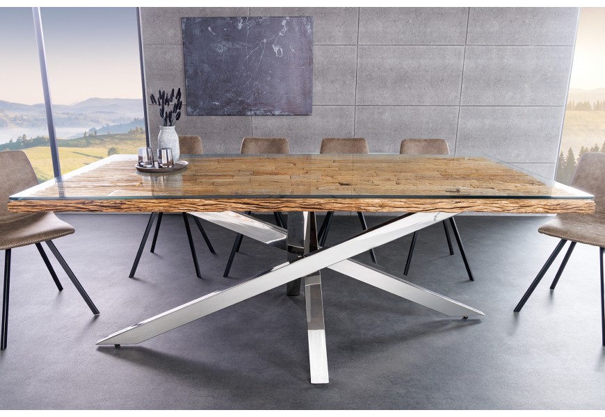 Luxusný industriálny jedálenský stôl Barracuda v obdĺžnikovom tvare z teakového dreva s chromovanými nožičkami