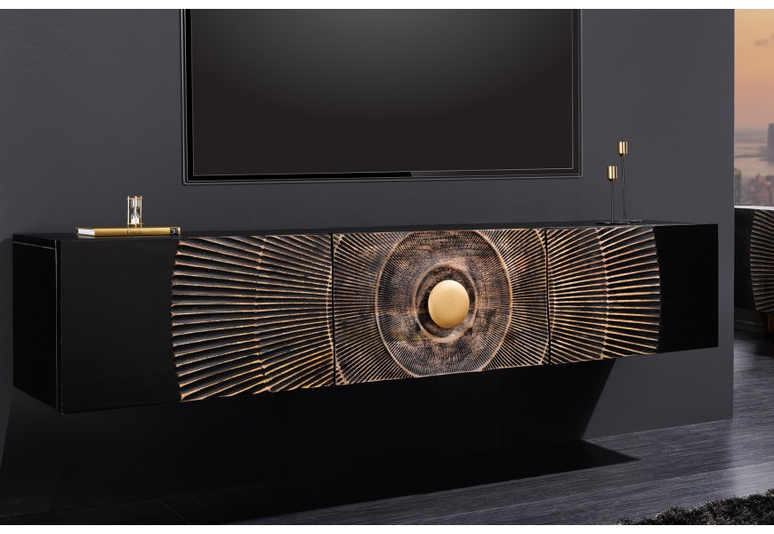 Orientálny televízny stolík Cumbria v čierno zlatej farbe z mangového dreva s detailmi z kovu