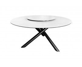 Moderný biely okrúhly jedálenskú stôl Siam s vrchnou doskou z mramoru so stredovým otočným tanierom a čiernymi prekríženými kovovými nožičkami
