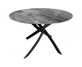 Dizajnový okrúhly jedálenský stôl Valldemossa so sivou mramorovou vrchnou doskou a čiernymi prekríženými kovovými nožičkami