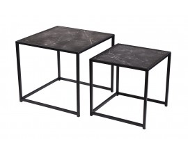 Industriálny antracitový čierny set štvorcových konferenčných stolíkov Industria Marble s mramorovým dizajnom 45 cm