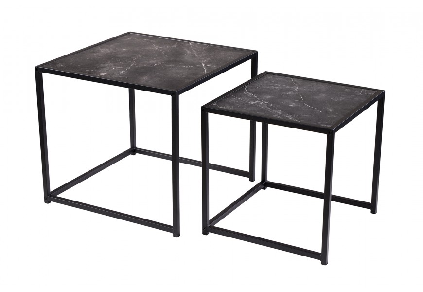 Dizajnový set industriálnych štvorcových konferenčných stolíkov Industria Marble s kovovou konštrukciou a mramorovou vrchnou doskou v antracitovej čiernej farbe