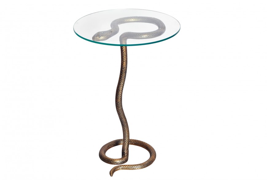 Art deco okrúhly príručný stolík Salazar s podstavou s hadím dizajnom a sklenenou doskou v glamour nádychu