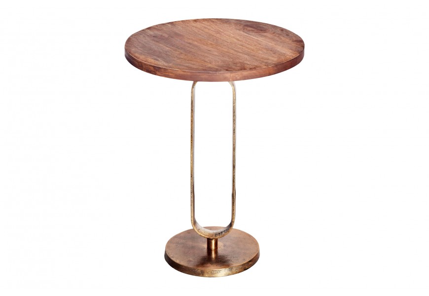 Art deco okrúhly medený príručný stolík Zendy s drevenou doskou v glamour nádychu s medenou podstavou s patinou a valcovým tvarom