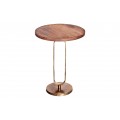 Art deco okrúhly medený príručný stolík Zendy s drevenou doskou v glamour nádychu s medenou podstavou s patinou a valcovým tvarom