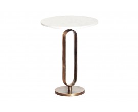 Art deco okrúhly medený príručný stolík Zendy s bielou mramorovou doskou s glamour nádychom 60 cm