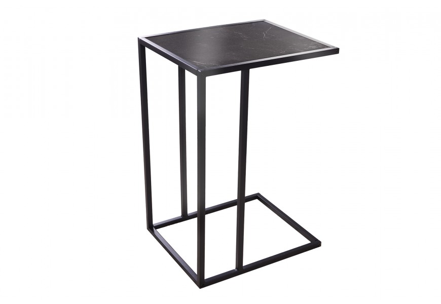 Moderný industriálny obdĺžnikový príručný stolík Industria Marble v antracitovej čiernej farbe s lineárnou kovovou konštrukciou a mramorovou vrchnou doskou