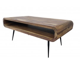 Industriálny hnedý konferenčný stolík Alpha z masívneho palisandrového dreva s čiernymi kovovými nožičkami a zaoblenými hranami s úložným priestorom na polici