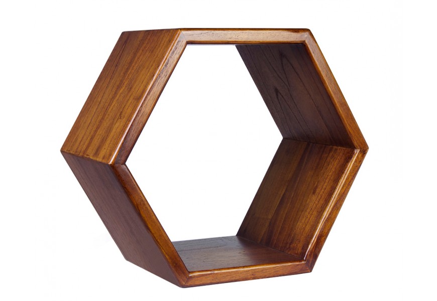 Luxusná koloniálna nástenná polica Norse šesťuholníkového tvaru z mindi dreva v zlatej hnedej farbe