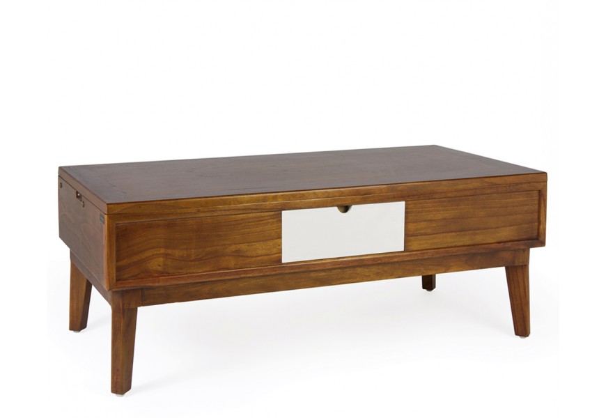 Luxusný hnedý obdĺžnikový konferenčný stolík Norse z masívneho mindi dreva s bielym detailom zásuvky s úložným priestorom pod zdvíhacou vrchnou doskou
