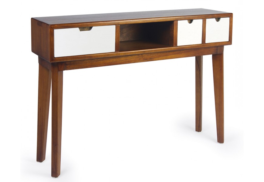 Luxusný masívny moderný konzolový stolík z dreva mindi v teplej svetlej hnedej farbe s tromi bielymi zásuvkami a policou