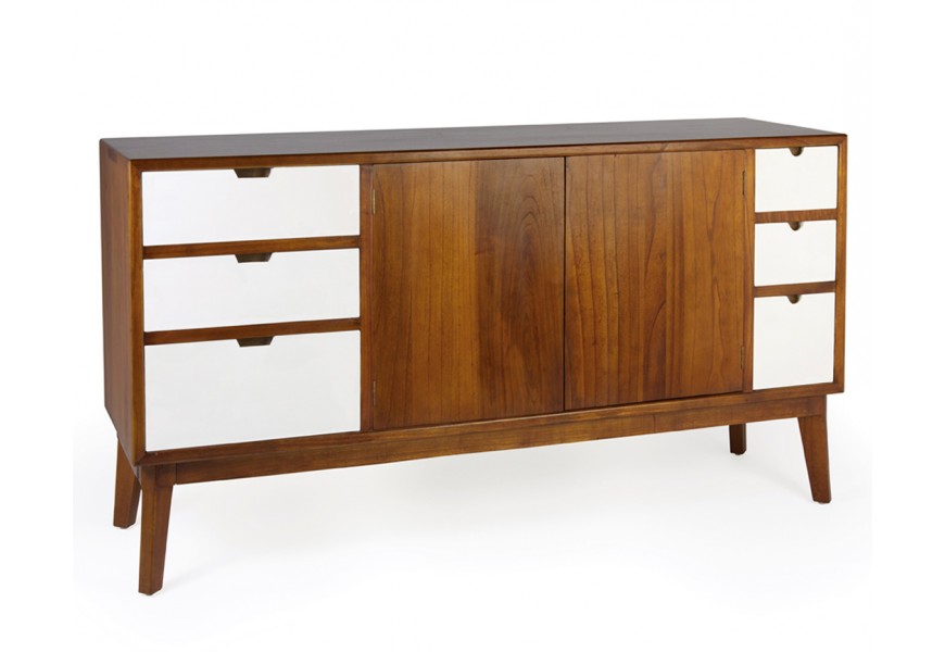 Luxusný hnedý masívny príborník Norse s dvojitými dvierkami a šiestimi bielymi zásuvkami na nožičkách z dreva mindi