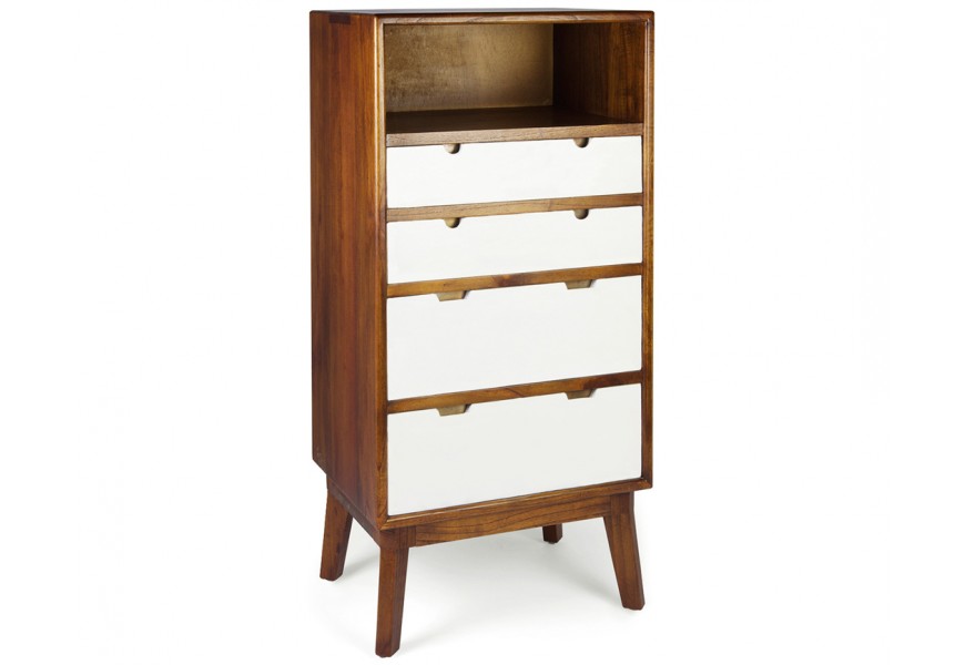 Luxusná bielo hnedá moderná vysoká komoda Norse z mindi dreva s policou a štyrmi zásuvkami na nožičkách