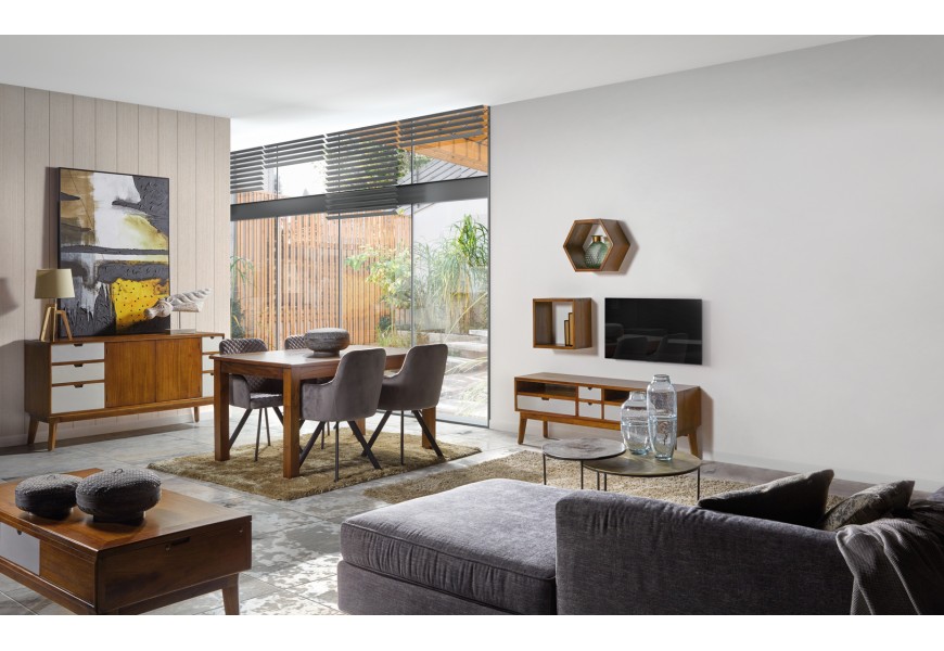 Luxusná masívna obývacia zostava Norse s dreva mindi v hnedej farbe s bielymi detailmi