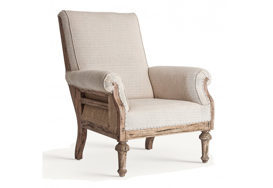 Luxusné béžové kreslo Gretchen s vysokou chrbtovou opierkou s penovým čalúnením so zahnutými opierkami na ruky a drevenou svetlou hnedou konštrukciou