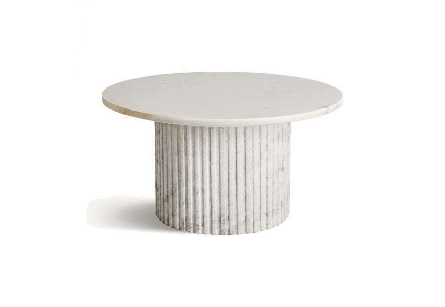 Luxusný okrúhly konferenčný stolík Demetrios z bieleho mramoru s dizajnom antického stĺpa s nohou s vertikálnym drážkovaným reliéfom