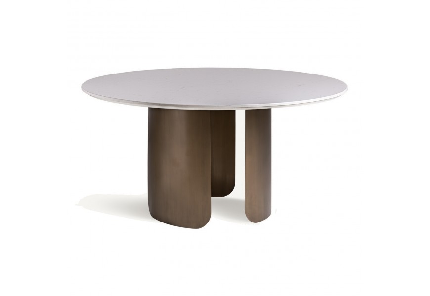 Luxusný bielo hnedý jedálenský stôl Petalos s tromi kovovými zahnutými nohami a vrchnou doskou s mramorovým vzhľadom
