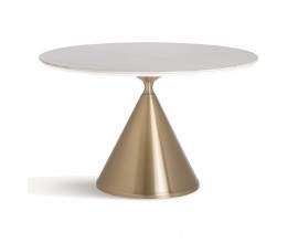 Luxusný art deco biely okrúhly jedálenský stôl Cronos s kamennou vrchnou doskou a zlatou nohou 120 cm
