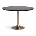 Luxusný čierny okrúhly jedálenský stôl Rebecca so zlatou kovovou nohou a kamennou vrchnou doskou s mramorovým dizajnom zo sintrovaného kameňa