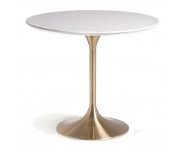 Luxusný art deco okrúhly jedálenský stôl Rebecca s bielou mramorovou doskou a nohou v zlatej farbe 90 cm