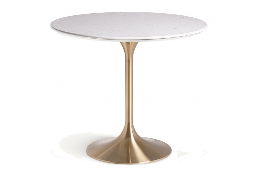 Luxusný bielo zlatý okrúhly jedálenský stôl Rebecca s mramorovou vrchnou doskou a tenkou kovovou nohou s rozšírenou podstavou