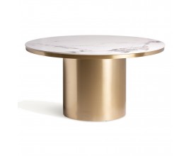 Luxusný art deco okrúhly jedálenský stôl Dorienne so zlatou nohou a bielou vrchnou doskou s mramorovým dizajnom 150 cm