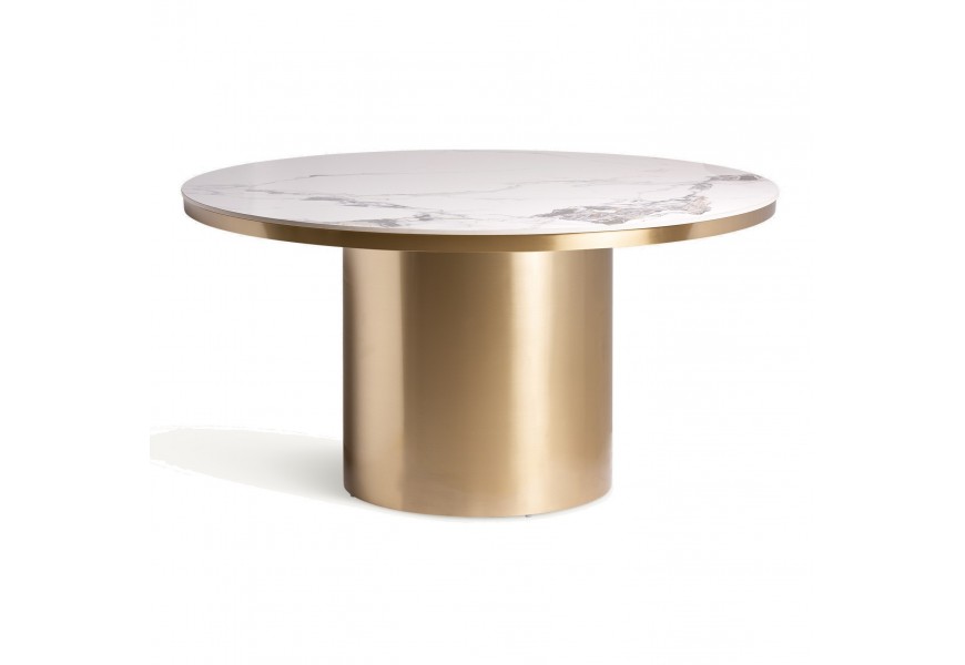 Luxusný bielo zlatý okrúhly jedálenský stôl Dorienne a mramorovou vrchnou doskou a hrubou kovovou nohou