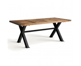 Luxusný obdĺžnikový industriálny jedálenský stôl Inar s prírodnou hnedou drevenou doskou a prekríženými nožičkami 200 cm