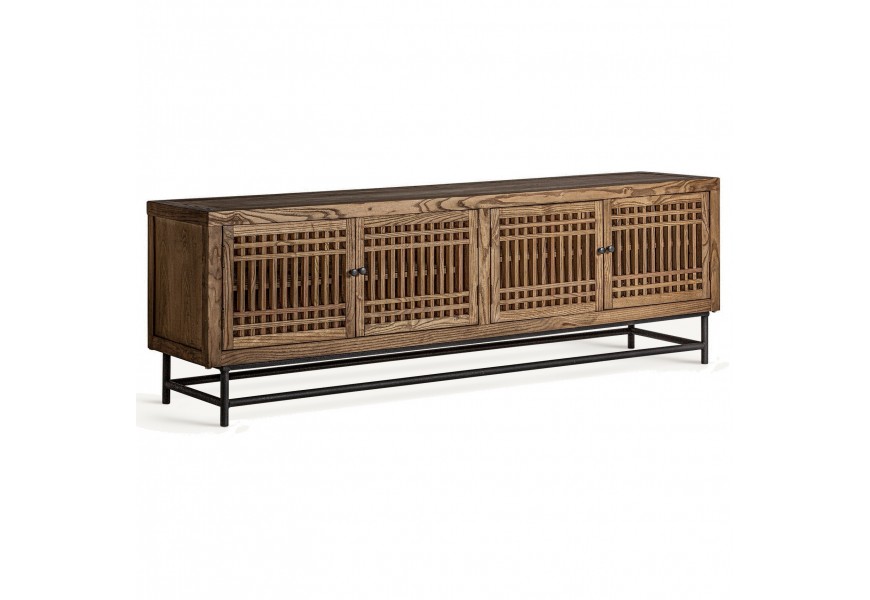 Luxusný orientálny obdĺžnikový štvordverový TV stolík z brestového dreva v hnedej medovej farbe s matnou kovovou čiernou konštrukciou