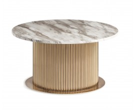 Luxusný okrúhly art deco konferenčný stolík Pius s bielou mramorovou doskou a zlatou nohou s drážkovaným dizajnom 80 cm