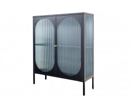 Moderná čierna industriálna barová skrinka Industria Durante s dvojitými dvierkami s rebrovaným sklom 110 cm
