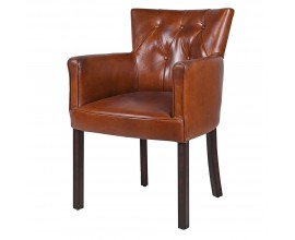 Luxusná hnedá kožená jedálenská stolička s chesterfield prešívaním z pravej kože