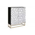 Dizajnová art deco dvojdverová barová skrinka Trencadia s bielou mozaikou na dvierkach z mangového dreva v čiernej farbe so zlatými kovovými nožičkami