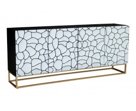 Dizajnový štvordverový art deco príborník Trencadia s čierno bielou mozaikou a zlatými nožičkami 177 cm