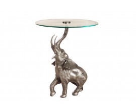 Dizajnový vintage príručný stolík Balarama s podstavou v tvare slona v starožitnej striebornej farbe 75 cm