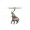 Dizajnový vintage strieborný príručný stolík Balarama s kovovou figurálnou podstavou v tvare slona s okrúhlou sklenou vrchnou doskou