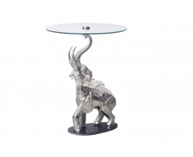 Dizajnový glamour okrúhly príručný stolík Balarama so striebornou podstavou v tvare slona na mramorovom podstavci a vrchnou doskou z bezpečnostného skla