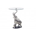 Dizajnový glamour okrúhly príručný stolík Balarama so striebornou podstavou v tvare slona na mramorovom podstavci a vrchnou doskou z bezpečnostného skla