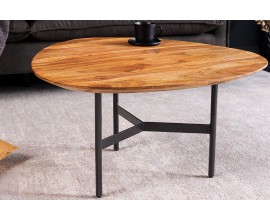 Dizajnový industriálny svetlo hnedý trojuholníkový konferenčný stolík Dabergio z masívneho palisandrového dreva s čiernymi kovovými nožičkami