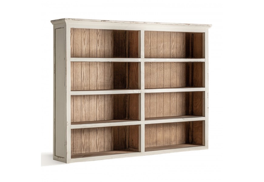 Luxusná bielo hnedá vintage knižnica Lisette so zámerne zošúchaným náterom so starožitným efektom s ôsmimi policami v dvoch stĺpcoch z brestového dreva