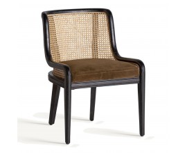 Luxusná koloniálna jedálenská stolička Vienna s čiernym dreveným rámom s béžovým ratanovým výpletom na opierke s viedenským vzorom a olivovo hnedou čalúnenou sedacou časťou so zamatovým poťahom