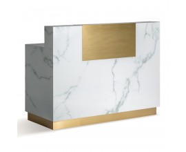 Luxusný art deco biely barový pult Moraira s mramorovým dizajnom a zlatými metalickými prvkami s policami 150 cm