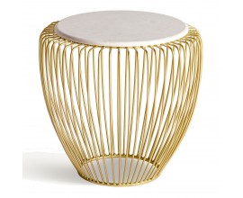 Luxusný okrúhly art deco príručný stolík Tamara s doskou z bieleho mramoru a zlatou drôtenou konštrukciou 55 cm