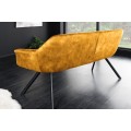 Dizajnová čalúnená horčicovo žltá lavica Mariposa s opierkou a zamatovým poťahom 165 cm