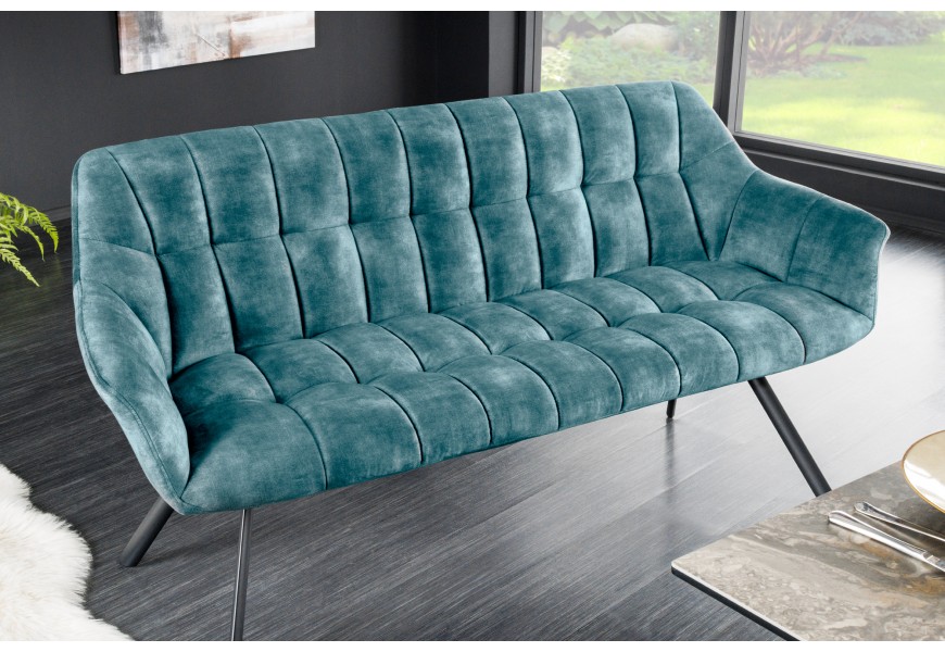 Moderná dizajnová petrolejová modrá lavica Mariposa s penovým čalúnením a zamatovým poťahom 165 cm