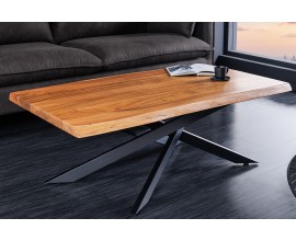 Masívny industriálny obdĺžnikový konferenčný stolík Mammut s vrchnou doskou z akáciového dreva v hnedej farbe 110 cm