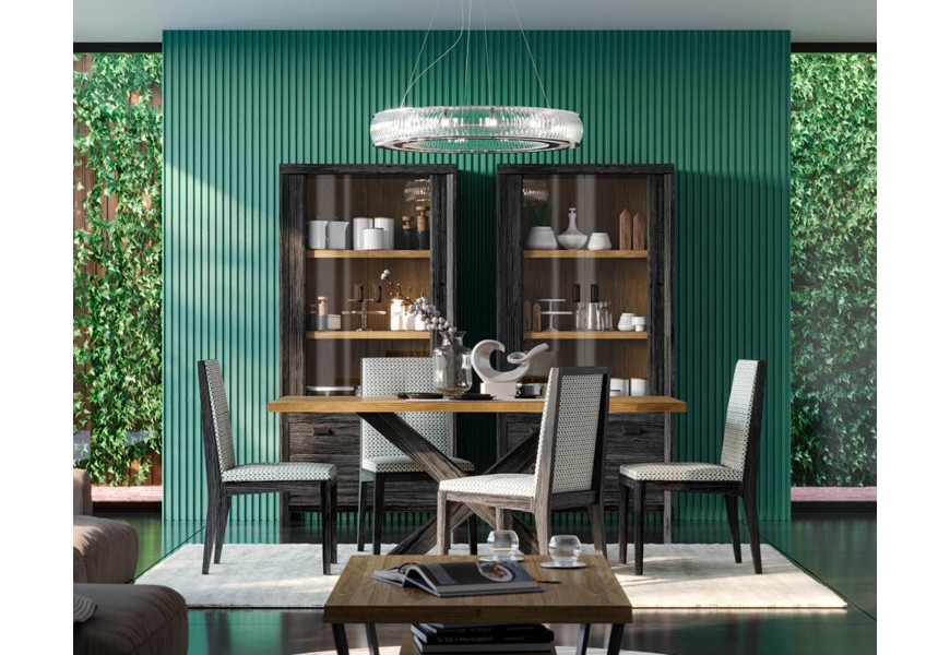 Luxusná moderná zostava nábytku do jedálne Lyon z tmavého masívneho dreva so svetlou hnedou doskou stola s atypickou podstavou a stoličkami s čalúnením v svetlej farbe